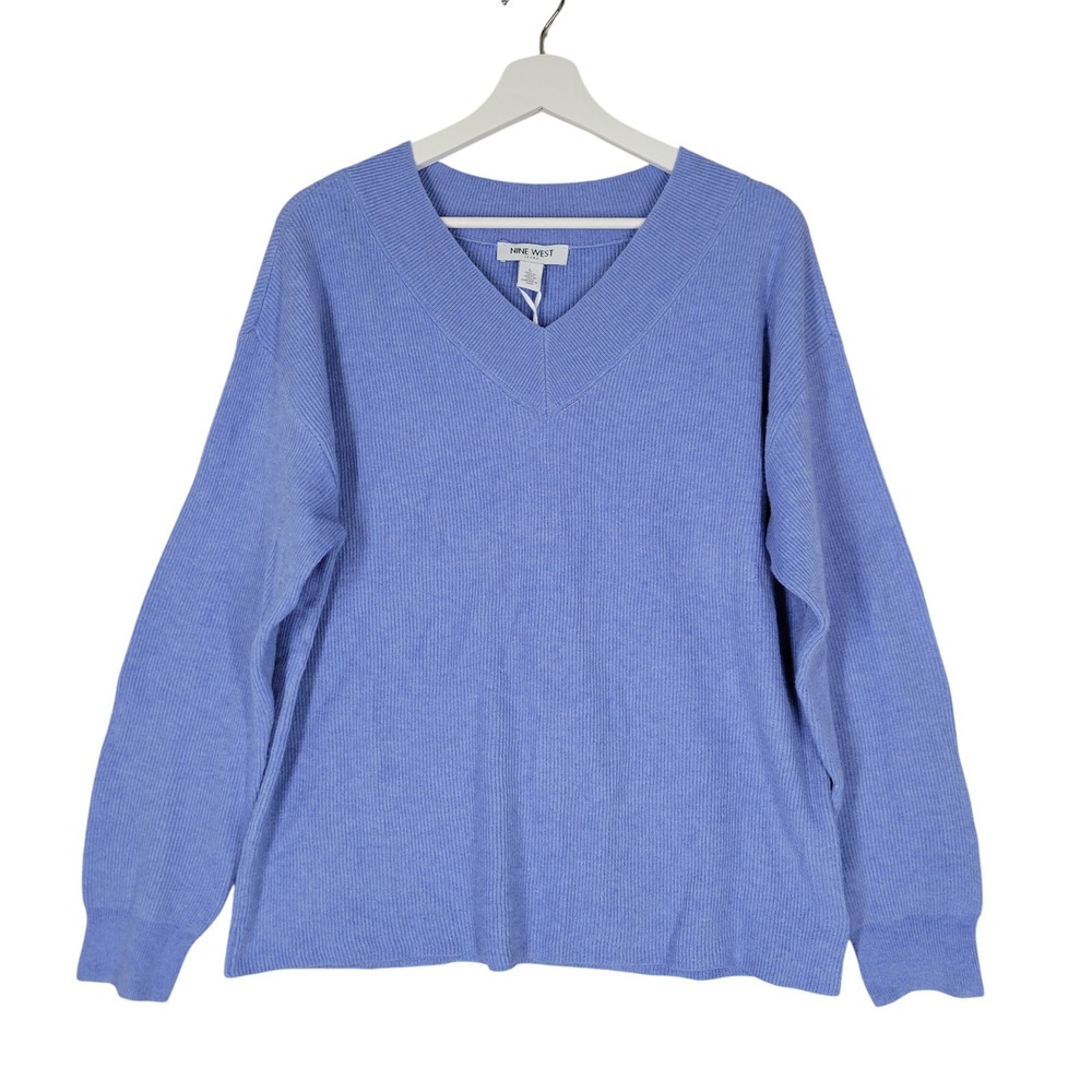 Nine West V Neck Sweater Womens Large Heron Blue‎ Ribbed Knit DNWS2988-HER NEW